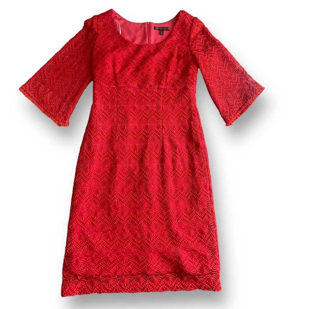 Chris McLaughlin Red Crochet 3/4 Bell Sleeve Knee Length Dress Women's Size 6